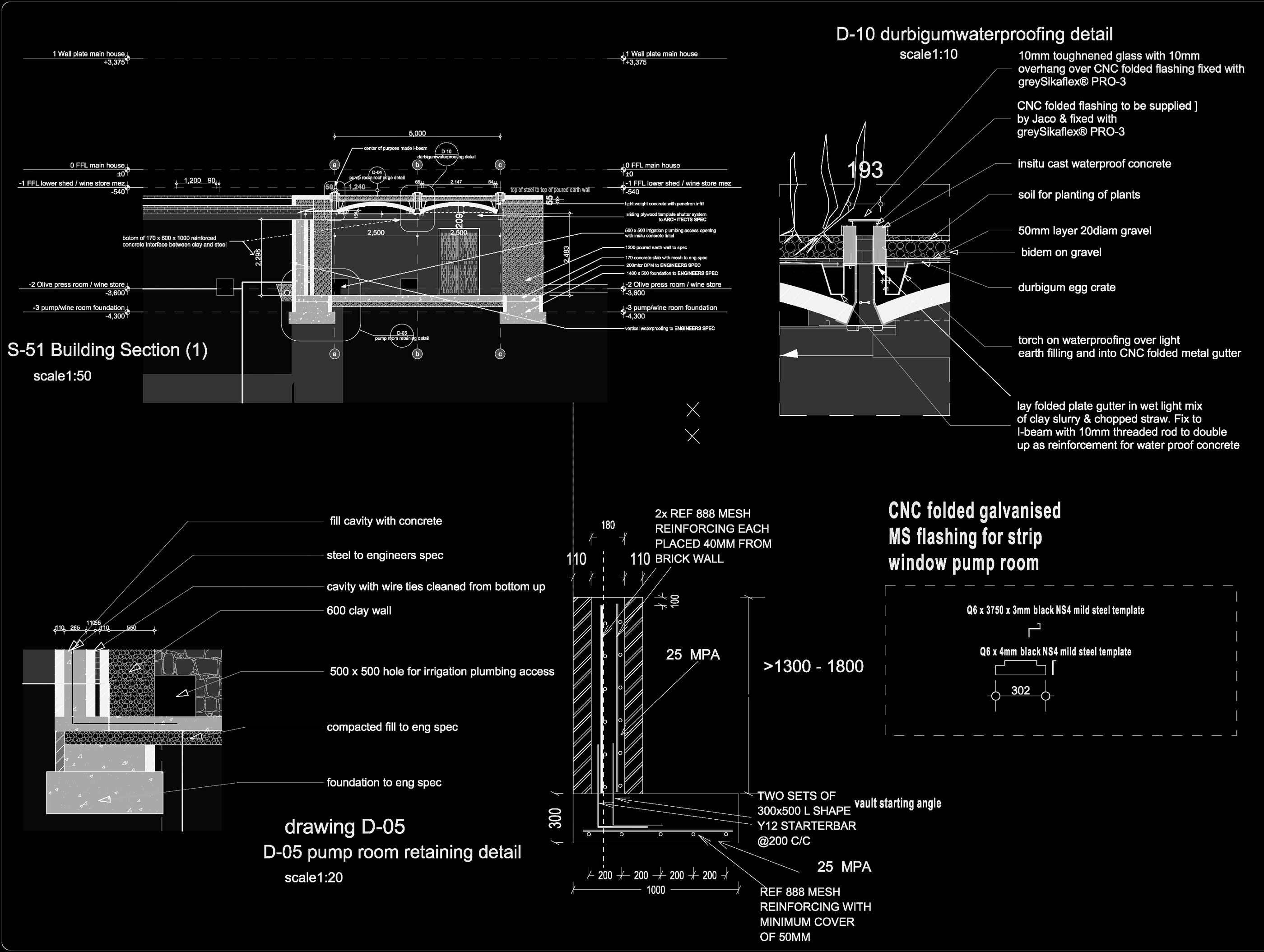Pump room — building section, durbigum waterproofing detail, retaining detail